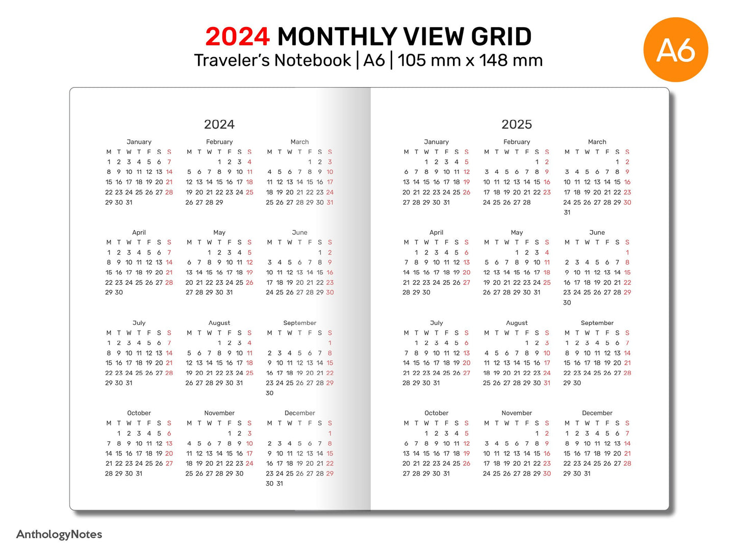 A6 2024 Monthly GRID Traveler's Notebook Printable Diary Insert DA6007B