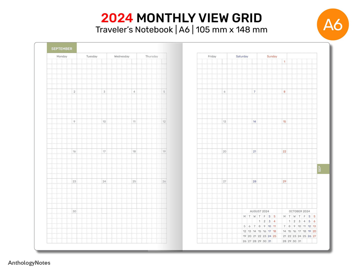 A6 2024 Monthly GRID Traveler's Notebook Printable Diary Insert DA6007B