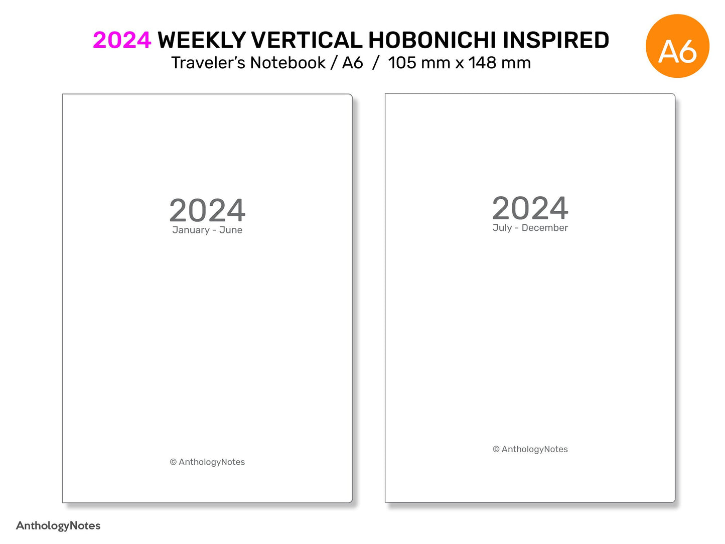 A6 2024 Weekly Vertical Hobonichi Inspired GRID Printable Traveler's Notebook Insert DA6004-2024