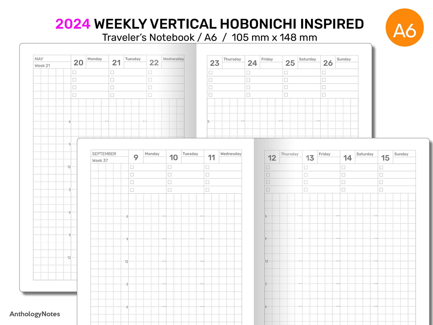 A6 2024 Weekly Vertical Hobonichi Inspired GRID Printable Traveler's Notebook Insert DA6004-2024