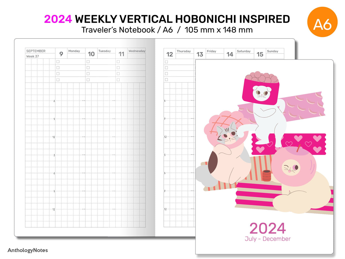 A6 2024 Weekly Vertical Hobonichi Inspired GRID Printable Traveler's Notebook Insert DA6004-2024