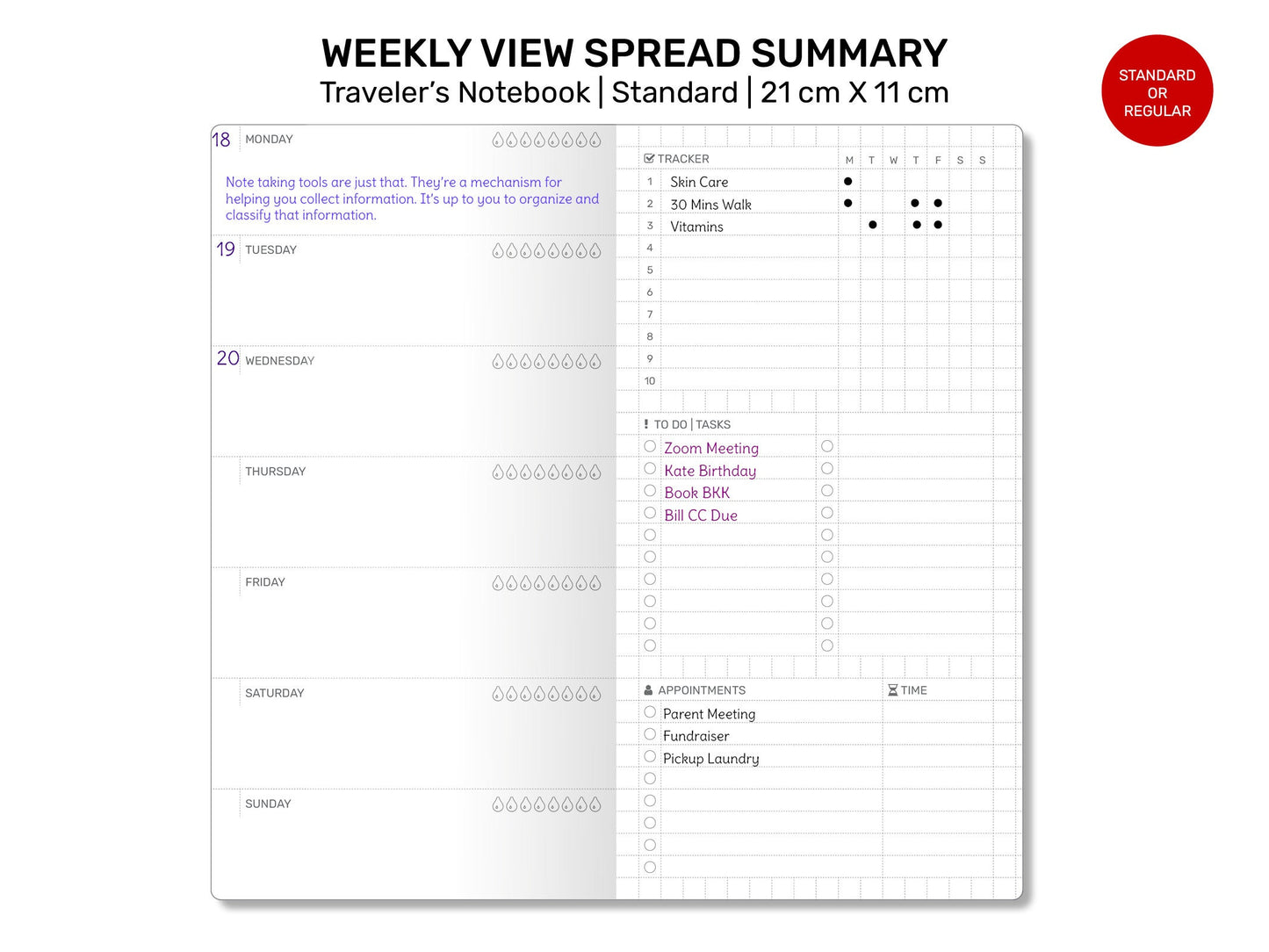 WEEKLY VIEW Summary Traveler's Notebook Traveler's Notebook Refill Printable Insert, Tracker, Standard Size, To Do List, Appointments