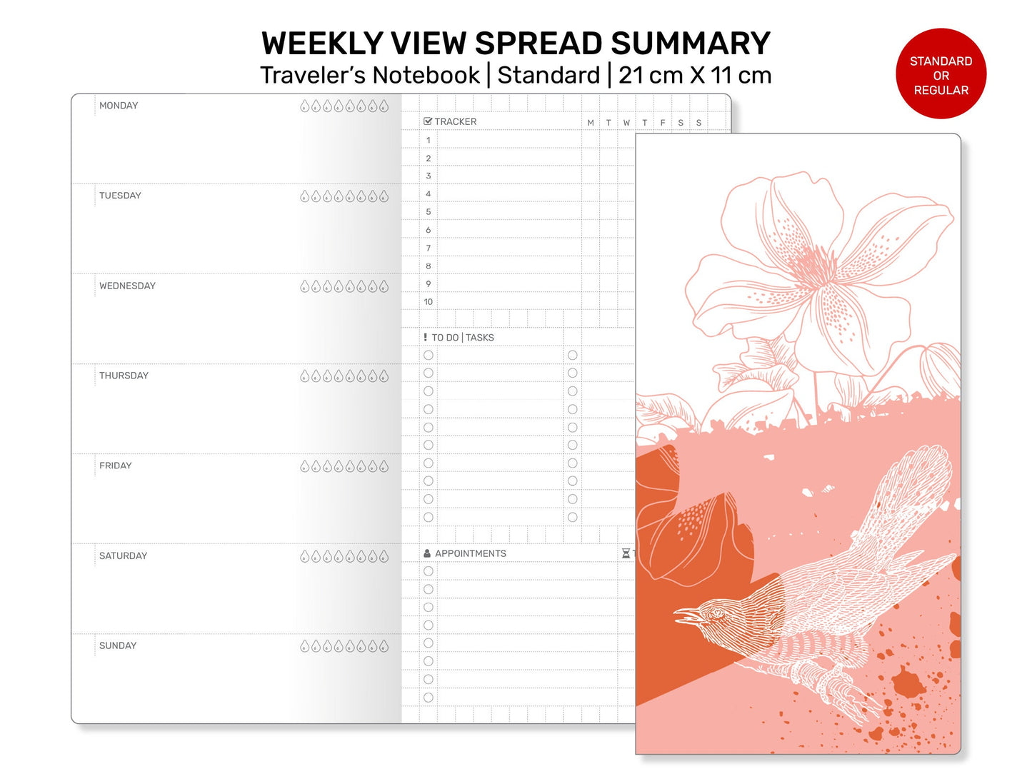 WEEKLY VIEW Summary Traveler's Notebook Traveler's Notebook Refill Printable Insert, Tracker, Standard Size, To Do List, Appointments