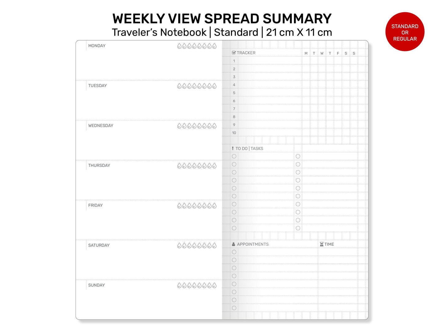 WEEKLY VIEW Summary Traveler's Notebook Traveler's Notebook Refill Printable Insert, Tracker, Standard Size, To Do List, Appointments