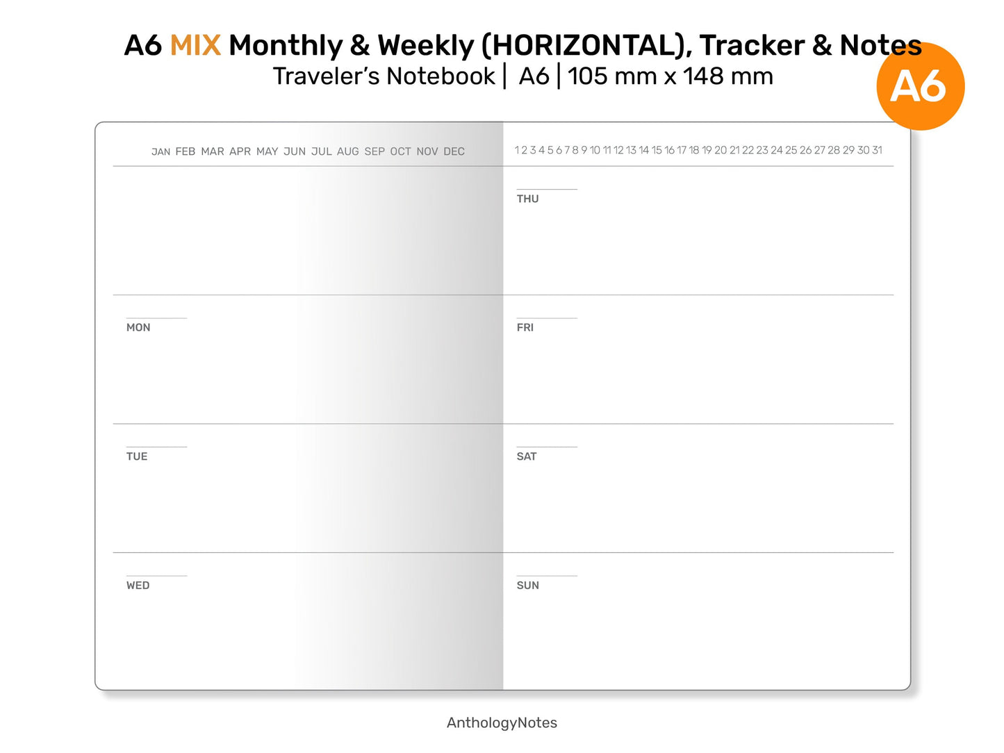 A6 MIX Monthly, Weekly Horizontal, Monthly Habit Tracker, Notes & List Printable Traveler's Notebook Refill Insert A622-006