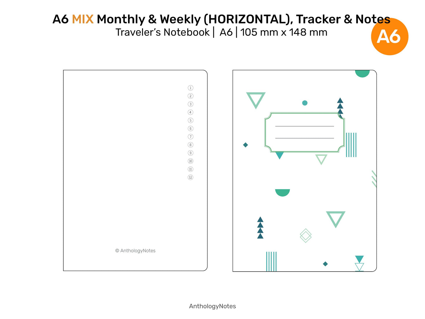 A6 MIX Monthly, Weekly Horizontal, Monthly Habit Tracker, Notes & List Printable Traveler's Notebook Refill Insert A622-006