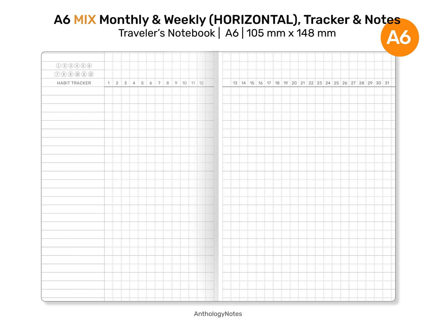 A6 MIX Monthly, Weekly Horizontal, Monthly Habit Tracker, Notes & List Printable Traveler's Notebook Refill Insert A622-006