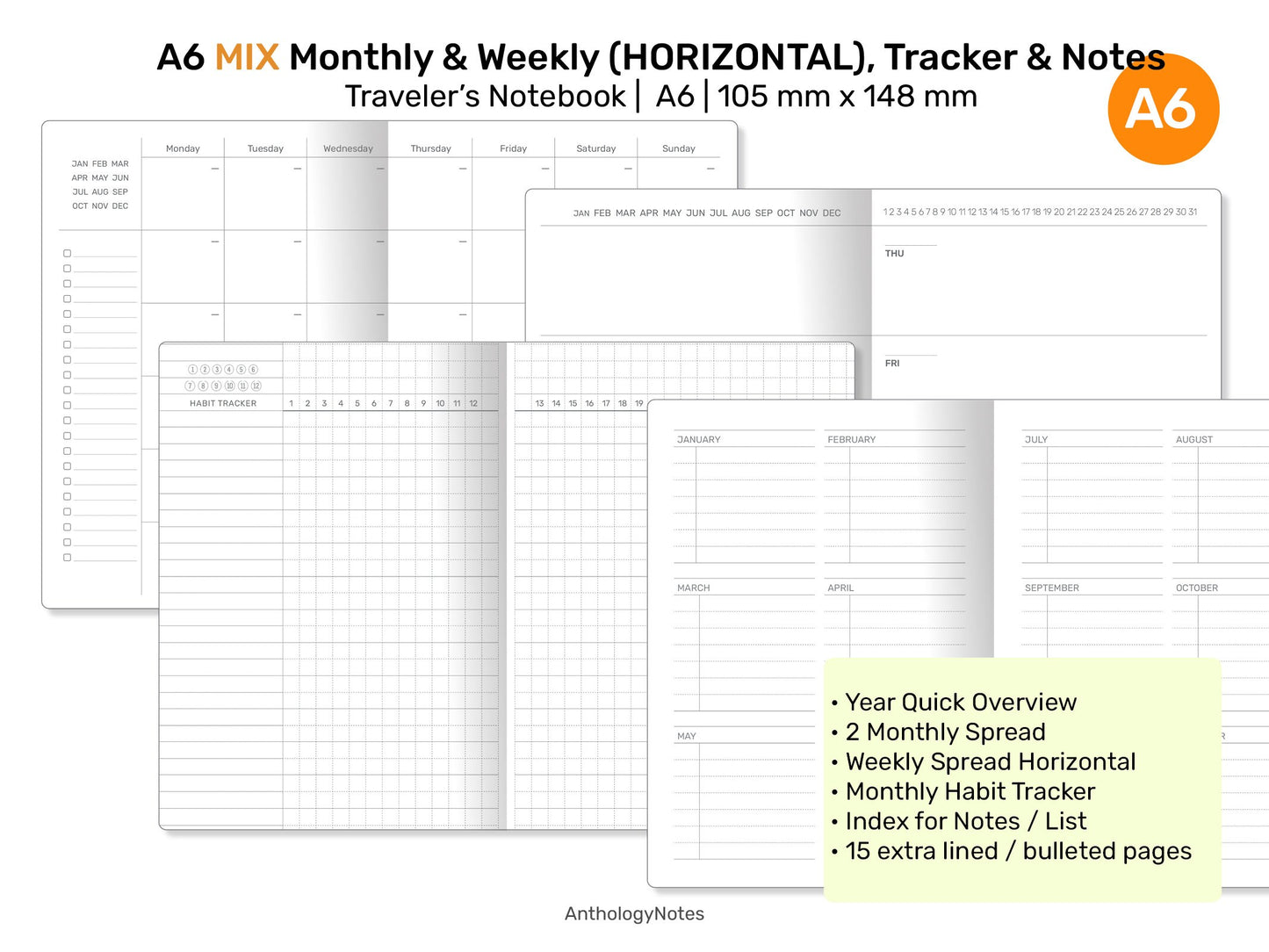 A6 MIX Monthly, Weekly Horizontal, Monthly Habit Tracker, Notes & List Printable Traveler's Notebook Refill Insert A622-006