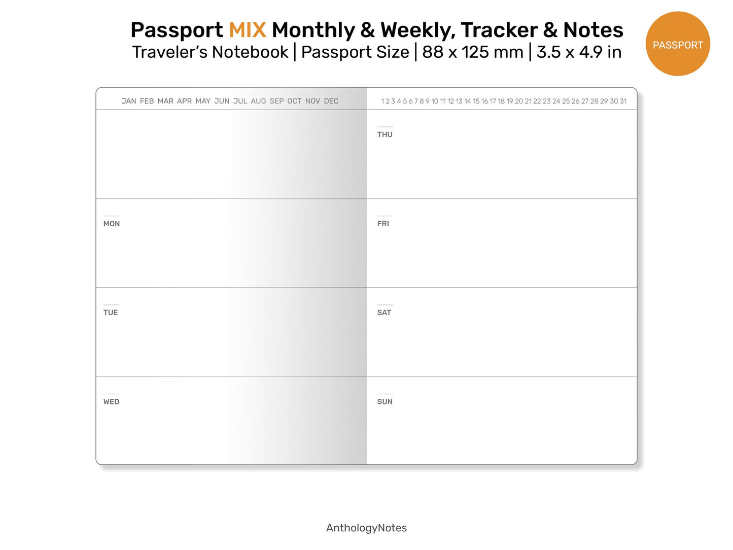 Passport TN MIX Monthly, Weekly Horizontal, Monthly Habit Tracker, Notes & List Printable Traveler's Notebook Refill Insert PPM-002