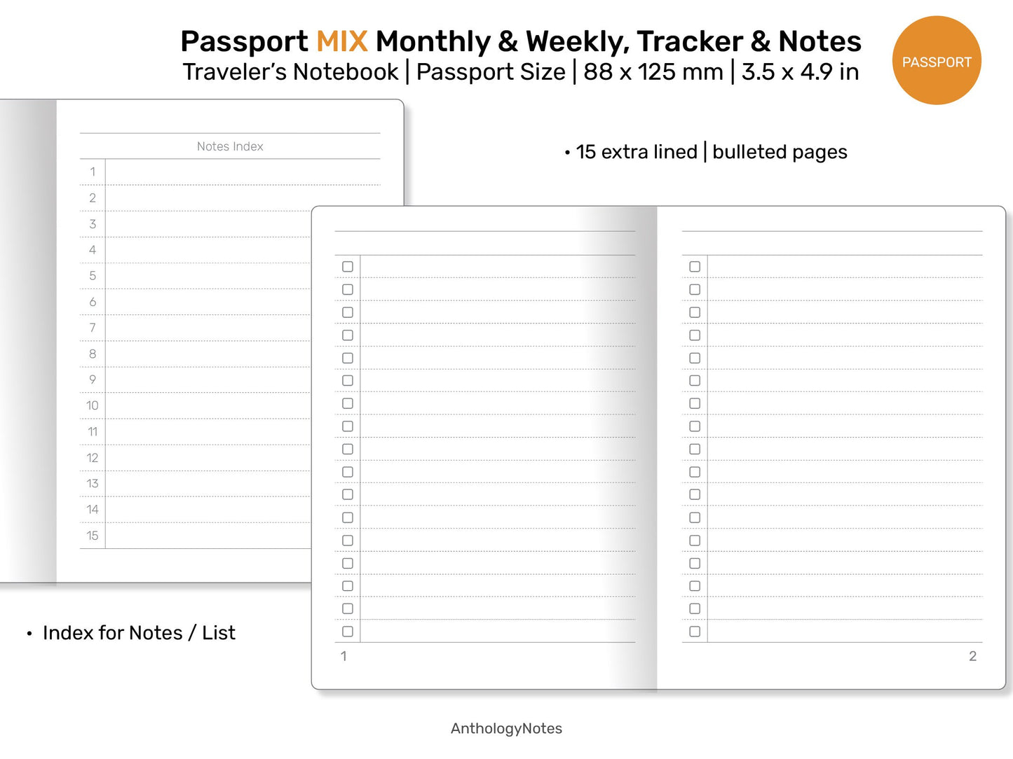 Passport TN MIX Monthly, Weekly Horizontal, Monthly Habit Tracker, Notes & List Printable Traveler's Notebook Refill Insert PPM-002