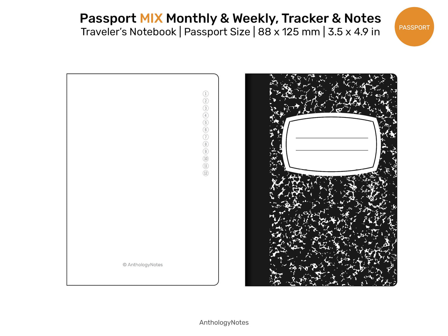 Passport TN MIX Monthly, Weekly Horizontal, Monthly Habit Tracker, Notes & List Printable Traveler's Notebook Refill Insert PPM-002