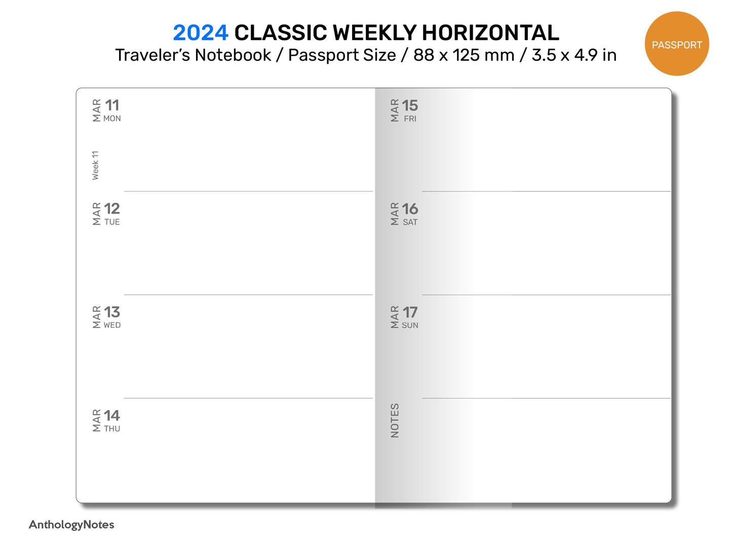 PASSPORT 2024 Diary Traveler's Notebook Printable WEEKLY View Horizontal Wo2P Minimalist DPP01