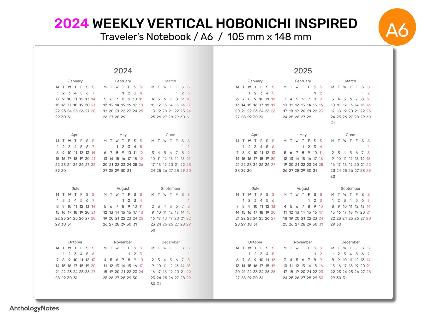 A6 2024 Weekly Vertical Hobonichi Inspired GRID Printable Traveler's Notebook Insert DA6004-2024