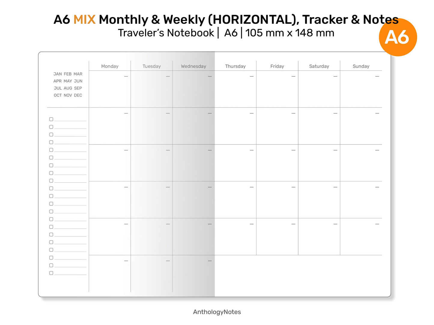 A6 MIX Monthly, Weekly Horizontal, Monthly Habit Tracker, Notes & List Printable Traveler's Notebook Refill Insert A622-006