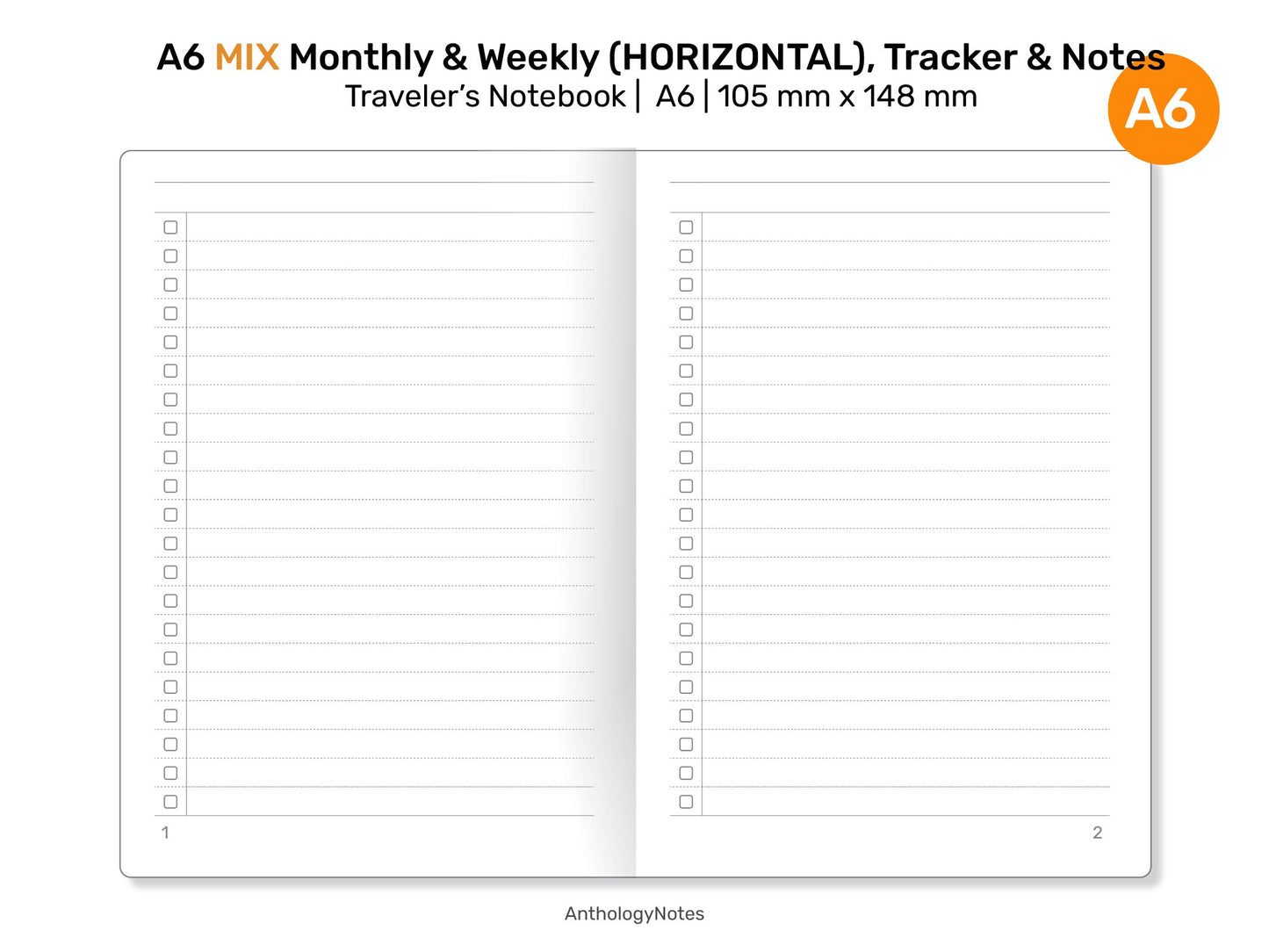 A6 MIX Monthly, Weekly Horizontal, Monthly Habit Tracker, Notes & List Printable Traveler's Notebook Refill Insert A622-006