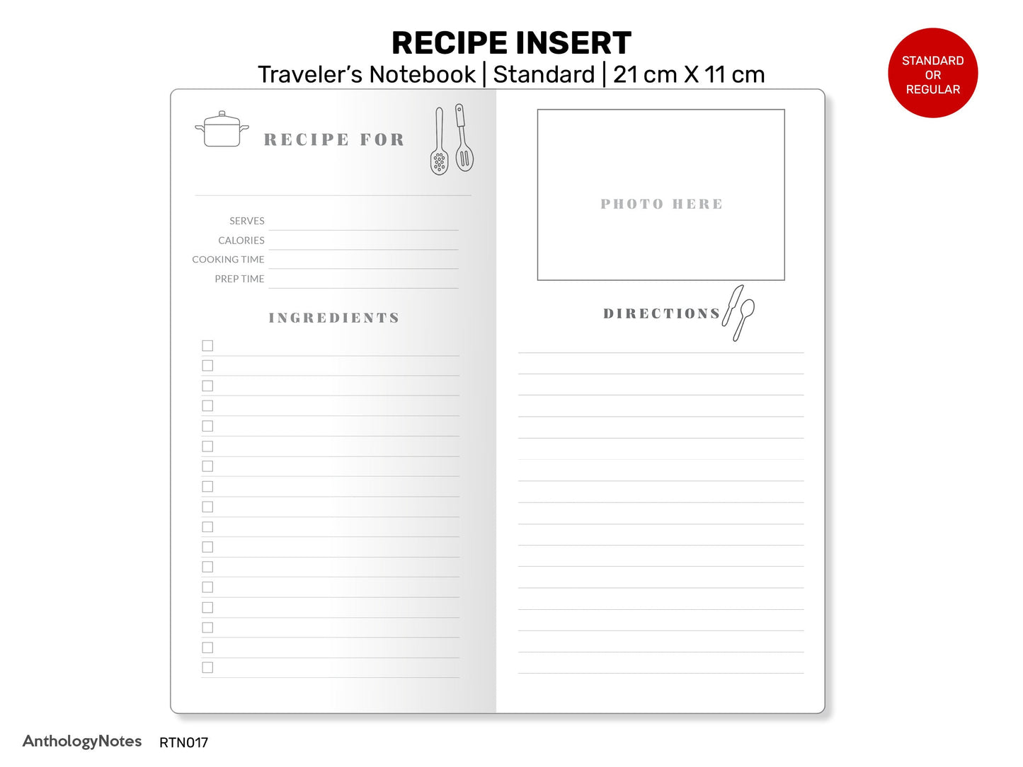 RECIPE Organizer Printable Insert Traveler's Notebook Standard Size With Cooking Measurement Conversion
