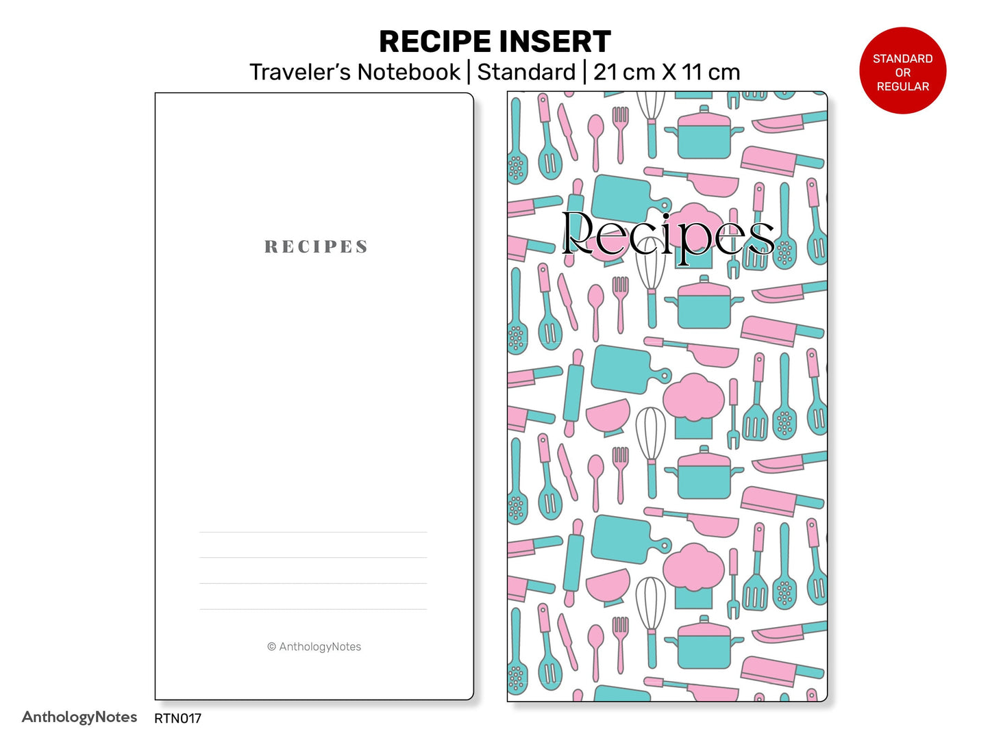 RECIPE Organizer Printable Insert Traveler's Notebook Standard Size With Cooking Measurement Conversion