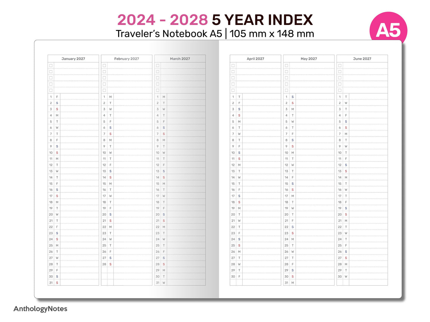 A5 TN 2024 - 2028 5-Year Index Printable Traveler's Notebook Insert Refill - Minimalist | DA522-002