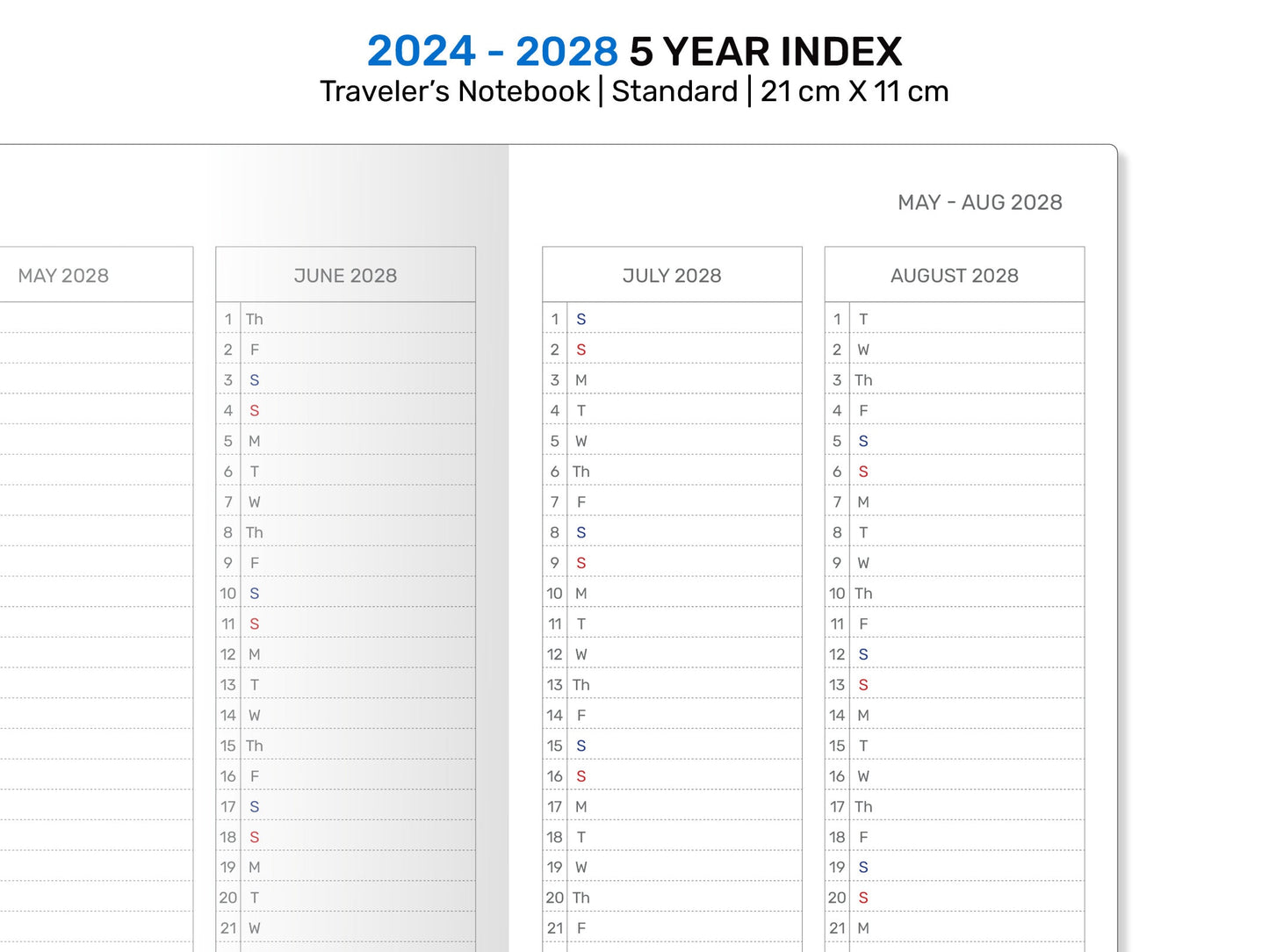 TN Standard 2024 - 2028 - 5 Year Index Printable Traveler's Notebook Insert  Future Log DSTN22-004