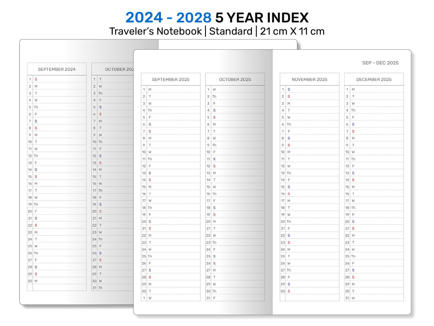 TN Standard 2024 - 2028 - 5 Year Index Printable Traveler's Notebook Insert  Future Log DSTN22-004