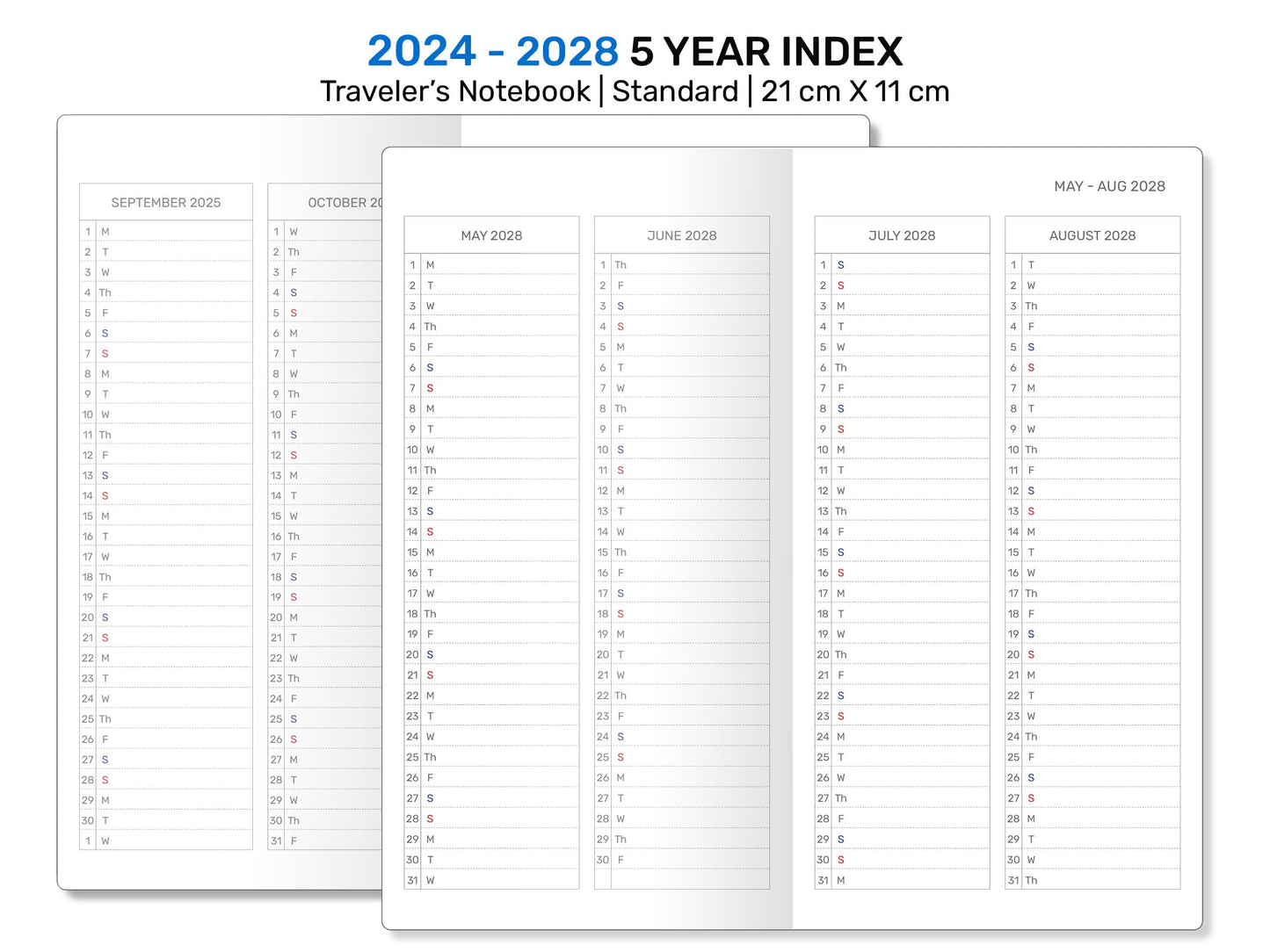 TN Standard 2024 - 2028 - 5 Year Index Printable Traveler's Notebook Insert  Future Log DSTN22-004