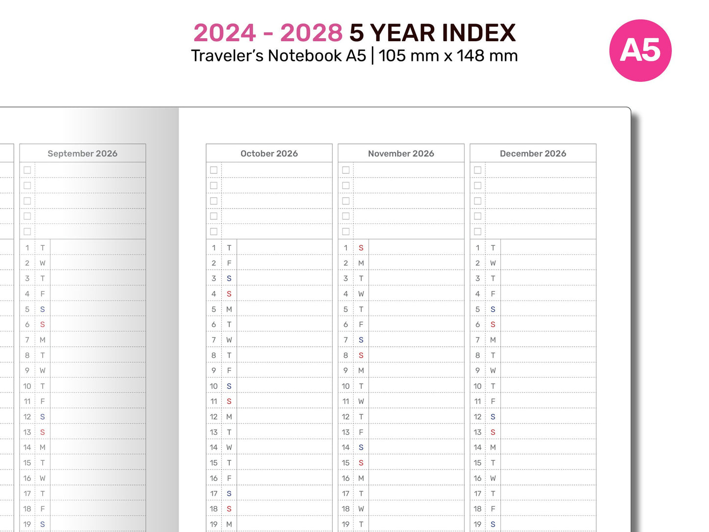 A5 TN 2024 - 2028 5-Year Index Printable Traveler's Notebook Insert Refill - Minimalist | DA522-002