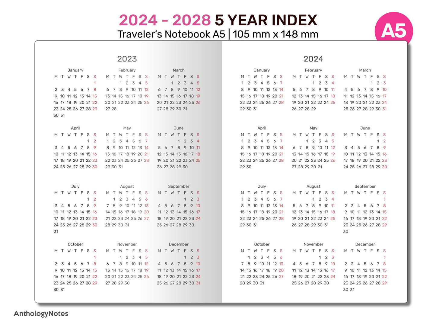 A5 TN 2024 - 2028 5-Year Index Printable Traveler's Notebook Insert Refill - Minimalist | DA522-002