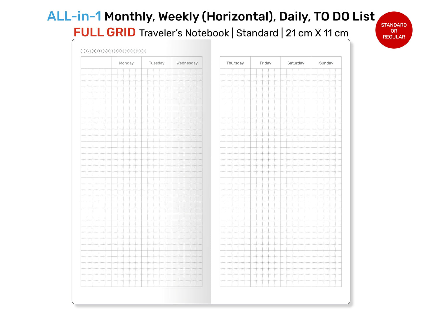 Standard TN ALL-in-1 Monthly, Weekly Horizontal, Daily, List Full GRID Printable Traveler's Notebook Insert