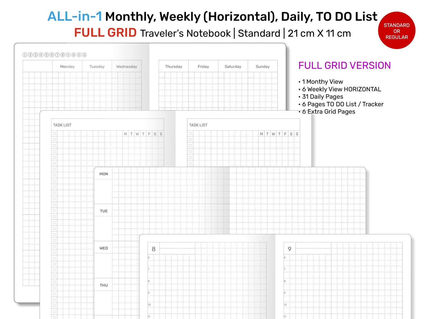 Standard TN ALL-in-1 Monthly, Weekly Horizontal, Daily, List Full GRID Printable Traveler's Notebook Insert